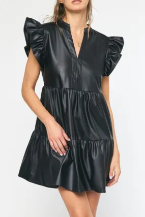 Faux Leather Ruffle Sleeve V Neck Tiered Mini Dress - Black - FINAL SALE