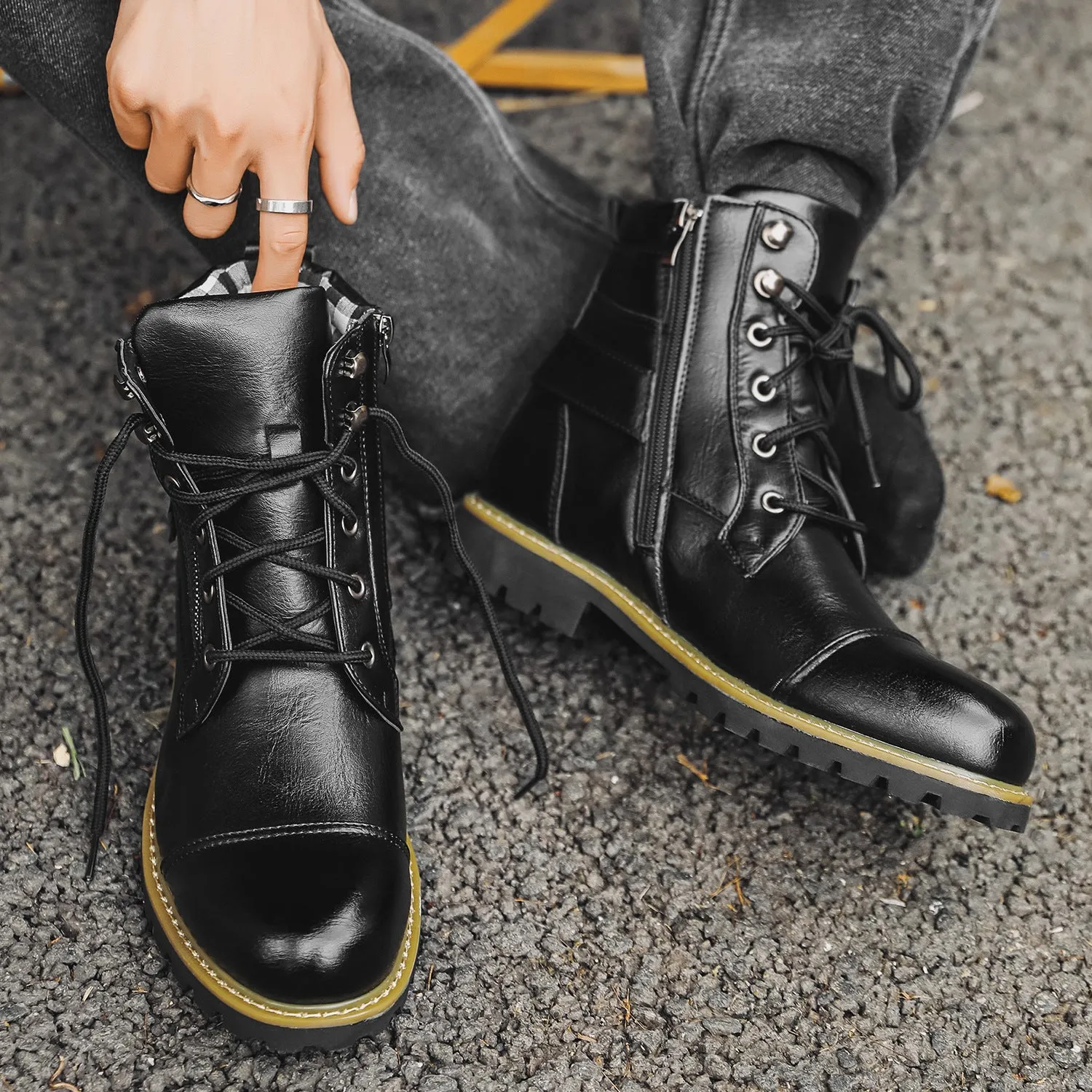 Men's Leather Two Zippers Motorcycle Boots