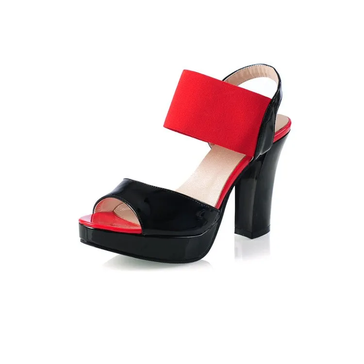 Women's Bling Bling Glossy Color Block Round Toe High Heel Platform Sandals